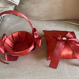 Red Satin Flower Girl Basket and Ring Pillow Set